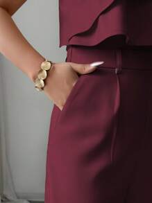 Elenzga 女士度假风格不对称领口双荷叶边腰部宽腿宽松连体裤，适合海滩、办公室、通勤、下午茶、派对 - 紫紅色 - 查看 8