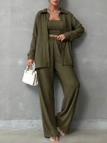 SHEIN Tall Bộ 3 món Áo sơ mi họa tiết & Áo không dây & Quần Thường ngày & Thời trang - xanh quân đội - Xem 4
