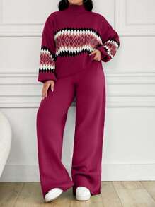 EURMUSE Women's Geometric Pattern High Neck Sweater 2pcs/Set - Hot Pink - View 1