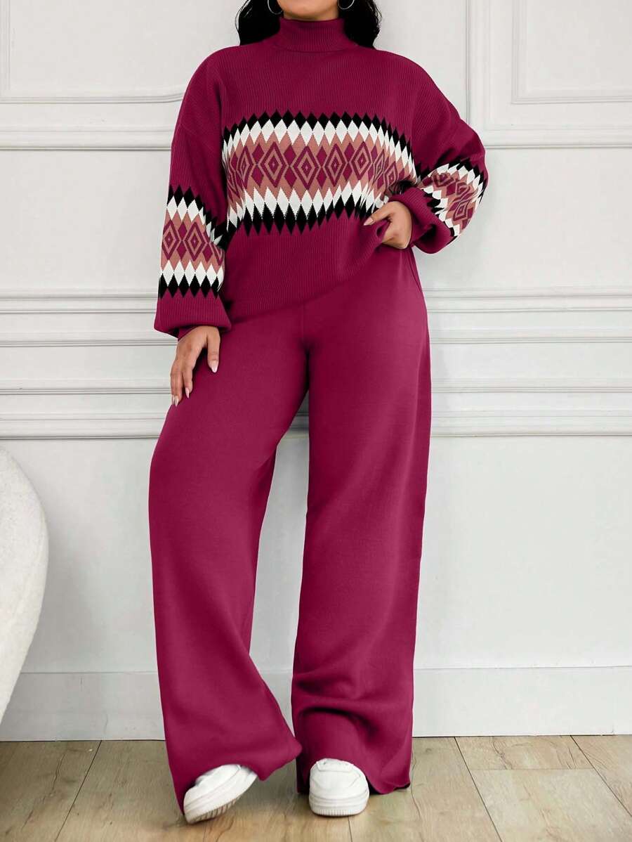 EURMUSE Women's Geometric Pattern High Neck Sweater 2pcs/Set - Hot Pink - View 1