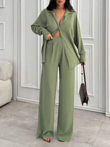 EURMUSE Textured Fabric Drop Shoulder Shirt & Wide Leg, 2pcs Set For Women - Dark Grey - View 5