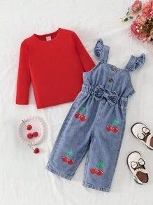 SHEIN 2 件套女婴秋冬长袖上衣和裤子套装，樱桃印花，前开扣，腰部褶皱设计 - 彩色 - 查看 6