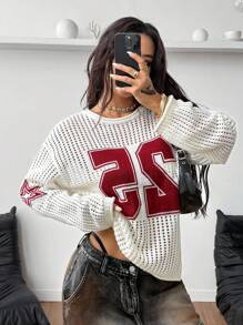 Coolane 女式宽松镂空数字图案落肩长袖针织毛衣，白色 - 白色 - 查看 4