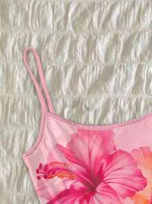 Teen Girl Fitted Casual Resort Style Cute Pink Hibiscus Tie-Dye & Watercolor Floral Print Bohemian Festival Camisole Tank Top Flower Tank Top Summer Crop Tops Hibiscus Tank Top Pink Floral Crop Top Summer Tops For Teen Girls - Multicolor - View 4