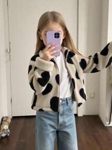 SHEIN Tween Girls Luźny krój, ciepła kurtka z zamkiem w kształcie serca