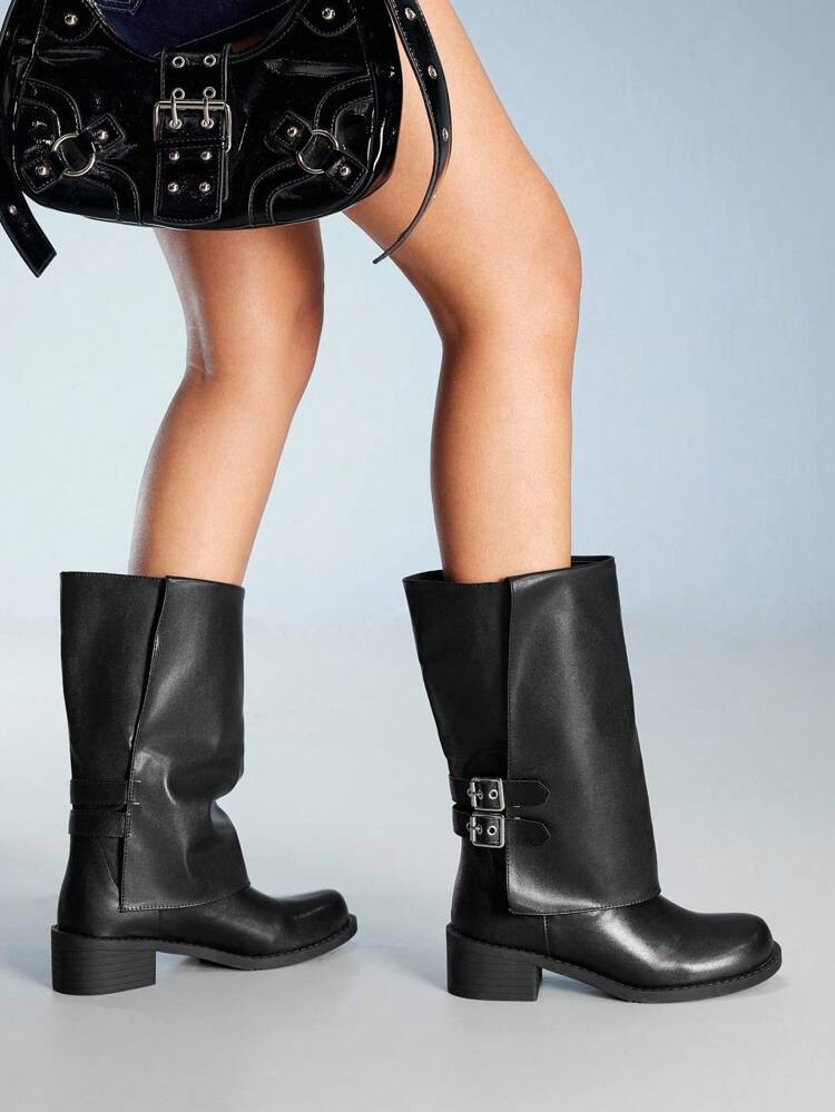 CUCCOO GRLICON Women's Chunky Heel Mid-Calf Boots, Y2K Punk Style, Suitable For Halloween, Christmas, Party Outfits