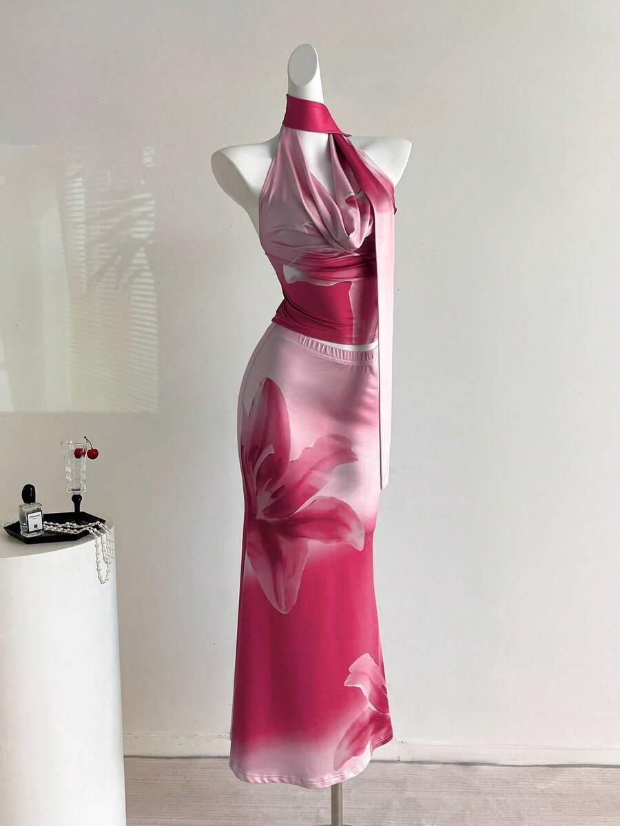 Elamini 女式夏威夷花卉印花短款上衣和低腰紧身裙,春夏 - 粉色 - 查看 1
