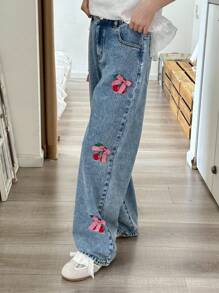 Tween GirlsLight Washed Denim Jeans With Sweet Embroidered Butterfly & Cherry Blossom Patterns, Comfortable Casual Outdoor Elastic Waist Wide-Leg Pants