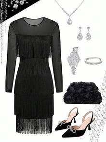 Ellevyn Váy Thu/Đông Mới Cho Nữ, Váy Lưới Vá Nhiều Lớp Tua Rua Xòe, Thích Hợp Cho Trà Chiều, Tiệc Tùng, Chụp Ảnh, Đa Năng - màu đen - Xem 4