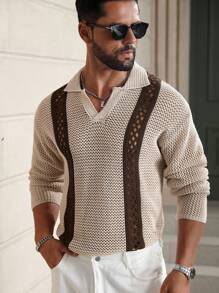 Manfinity Homme Áo len dệt kim khoét lỗ màu tương phản dành cho nam, Thu Đông - Nhiều màu - Xem 4