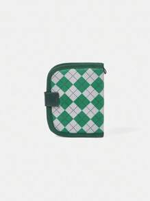 HARRY POTTER X SHEIN Embroidered Badge & Diamond Plaid Card Holder - Green - View 6