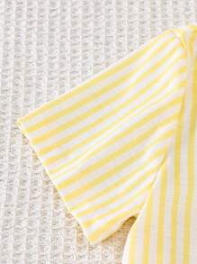 男童开学睡衣套装，阻燃，可爱黄色条纹印花考拉刺绣，简约休闲 Polo 领开衫和短裤两件套 - 黃色 - 查看 5