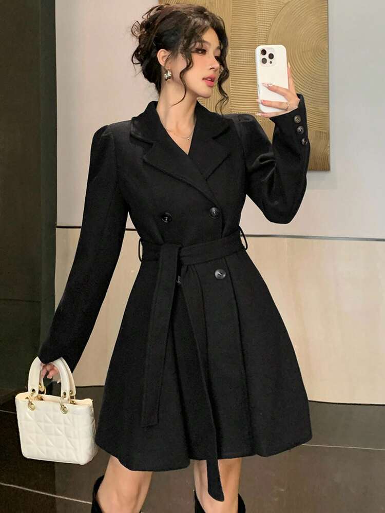 Women's Elegant Puff Sleeve Tie-Waist Overcoats, Autumn/Winter