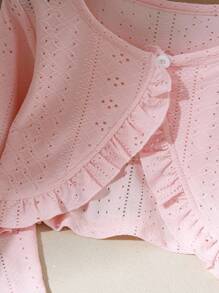 Young Girl Knitted Hollow-Out Fabric Ruffle Hem Short Jacket, Sweet & Cool, & Elegant, Suitable For Spring & Autumn, Outdoor, Versatile Occasions - Pink - View 5