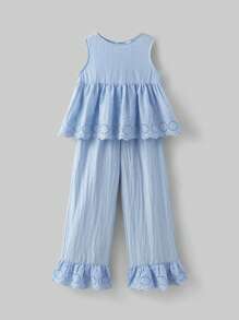 Ontre 2 pezzi/set Top e pantaloni coordinati per ragazze pre-adolescenti con dettagli in pizzo - Blu - Visualizzare 1
