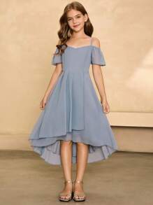 Mädchen elegantes minimalistisches Off-Shoulder Kurzarm Midi Kleid mit hoher Taille und asymmetrischem Saum aus Chiffon, geeignet für Abschluss, Abendveranstaltungen - Graublau - Übersicht 3