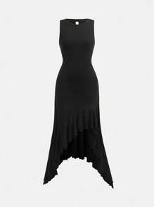 SHEIN Casual Prom Black Knit Sleeveless Dress For Teens, Asymmetric Ruffle Hem, Round Neck, Criss-Cross Back Design - Black - View 2