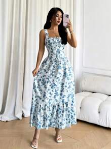 Rafferiza 2pcs Women's Ditsy Floral Waisted Tank Top & Flowy Skirt Set,White And Blue Floral,Summer,Boho,Vacation,Holiday Sundress,Fashion Outfits - Multicolor - View 1
