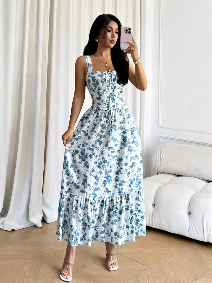 Rafferiza 2pcs Women's Ditsy Floral Waisted Tank Top & Flowy Skirt Set,White And Blue Floral,Summer,Boho,Vacation,Holiday Sundress,Fashion Outfits - Multicolor - View 1
