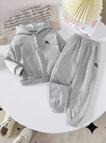 Girls Casual Sports Embroidery Horse Hoodie Sweatshirt And Elastic Waist Cuffed Sweatpants Set, Fashion Daily Outfit, Early Autumn - Dark Grey - View 3
