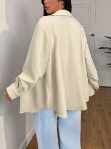 SHEIN EZwear 大码女式春夏骑士印花长袖单排扣衬衫 - 米色 - 查看 2