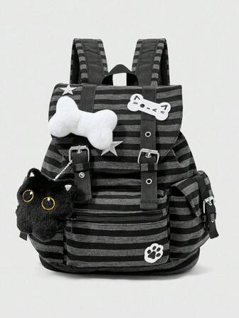 Grunge Punk Punk School Style Cat Paw, Bone, Star & Striped Color Block Multi-Pocket Unisex Backpack, Large Capacity For Commute And School Useback To School Essentials, Bags For University, University Essentials