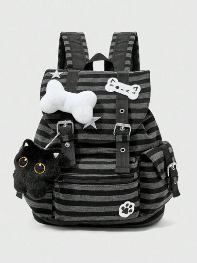 Grunge Punk Punk School Style Cat Paw, Bone, Star & Striped Color Block Multi-Pocket Unisex Backpack, Large Capacity For Commute And School Use