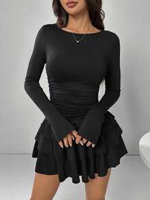 SHEIN PETITE CURVE Đầm dự tiệc tay dài màu đen cỡ lớn - màu đen - Xem 7