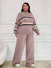 EURMUSE Women's Geometric Pattern High Neck Sweater 2pcs/Set - Dusty Pink - View 4