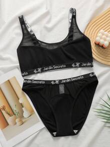 SHEIN 2件套女士字母印花网眼蕾丝无钢圈文胸套装 - 黑色 - 查看 6