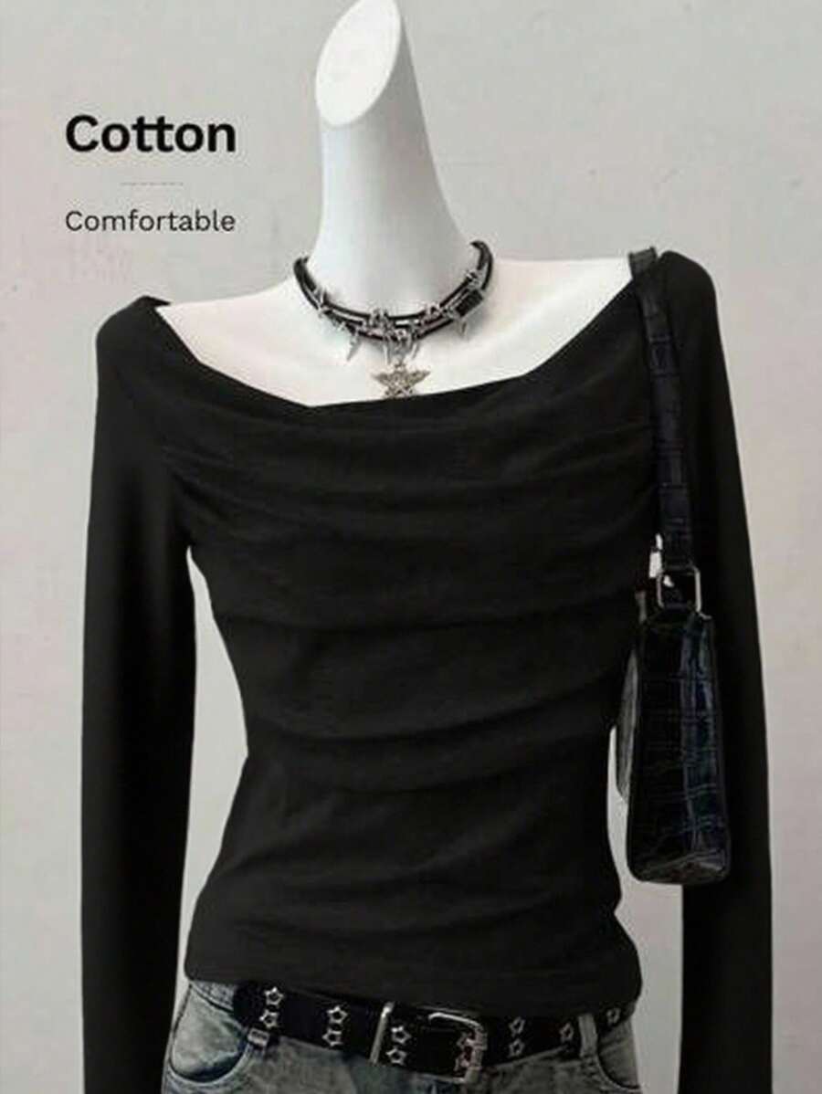 SHEIN EZwear 女士褶皱剪裁黑色针织单肩紧身T恤 - 黑色 - 查看 1