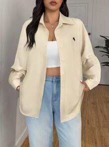 SHEIN EZwear 大码女式春夏骑士印花长袖单排扣衬衫 - 米色 - 查看 4