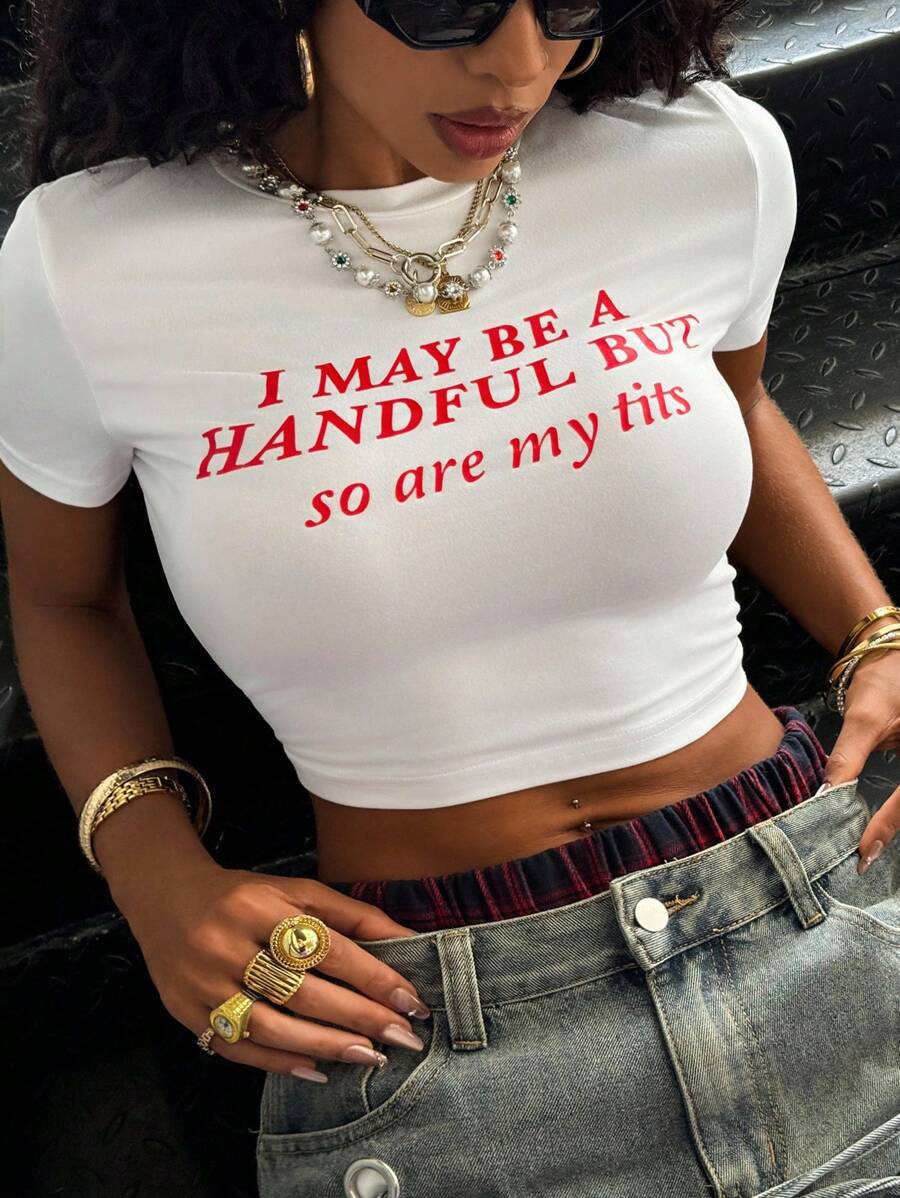 Rovax Áo crop top cổ tròn in khẩu hiệu thường ngày cho nữ, Xuân/Hè - trắng - Xem 1