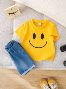 SHEIN 2件套男童/女童休闲夏季黄色上衣T恤和牛仔短裤 - 彩色 - 查看 6