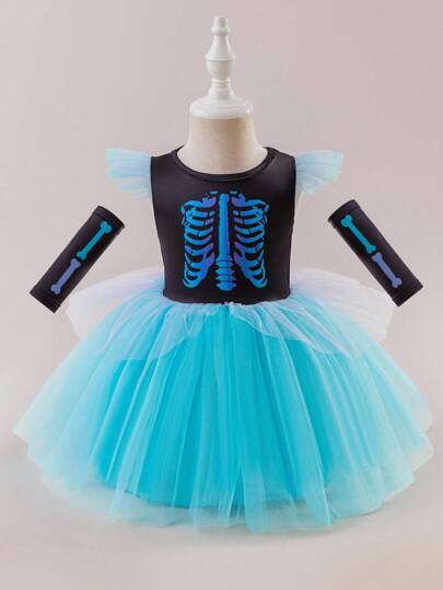 Glamorique Kids Baby Girl,Ball Gown Dress Girls' Princess Dress,Black Roller Bone Print Mesh Summer Elegant Party,Blue