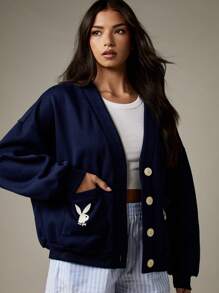 Missguided x Playboy Luxury Oversized Button Front Cardigan Japanese Style Preppy College Look Long Sleeve Sweatshirt With Front Pocket Fall Winter Collection - Blue - View 3