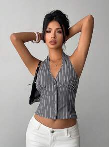 Aloruh Women's Cotton Striped Stand Collar Single-Breasted Vest Thin Suit Jacket In Fall/Winter