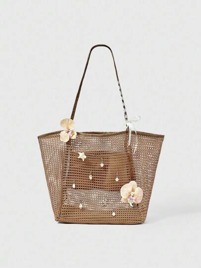 Fairycore 1pc Handmade Woven Tote Bag With Artificial Orchid, Lily Decor, Large Capacity Shoulder Bag, Suitable For Summer Vacation & Beach (Accessories Need To Be DIY Assembled)