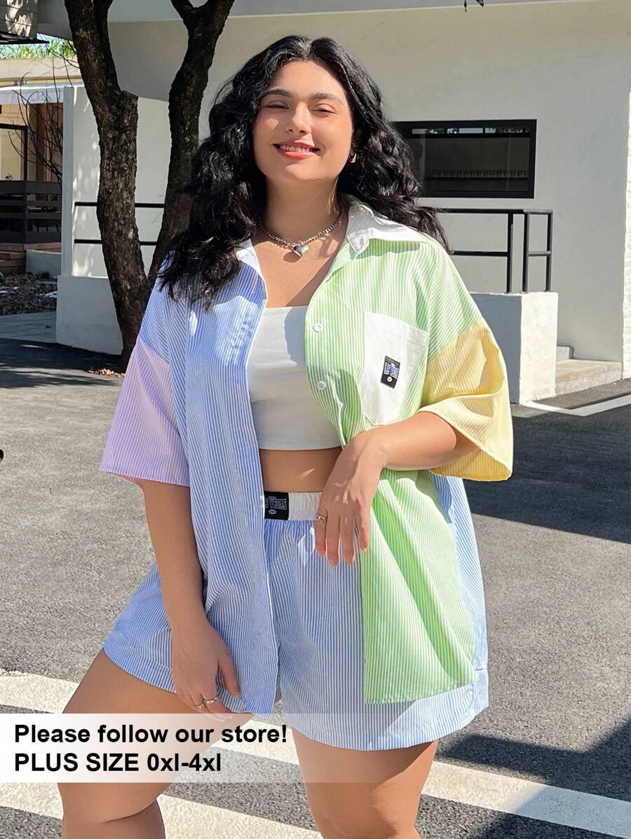 SHEIN EZwear Plus Letter Patched Colourblock Drop Shoulder Shirt & Shorts - Multicolor - View 1