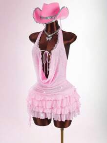 Amplova Sexy Plunging Neck Layered Women Mini Dress - Pink - View 3