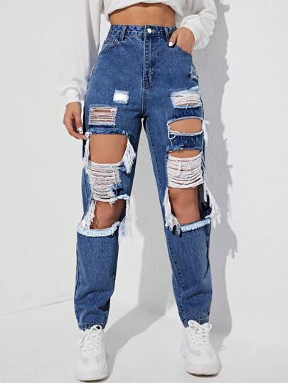 EURMUSE Blugi casual pentru femei, talie înaltă, tiv uzat, croială dreaptă