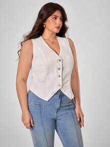 SHEIN Frenchy 大码休闲纯色无袖牛仔夹克 - 深色水洗藍 - 查看 6