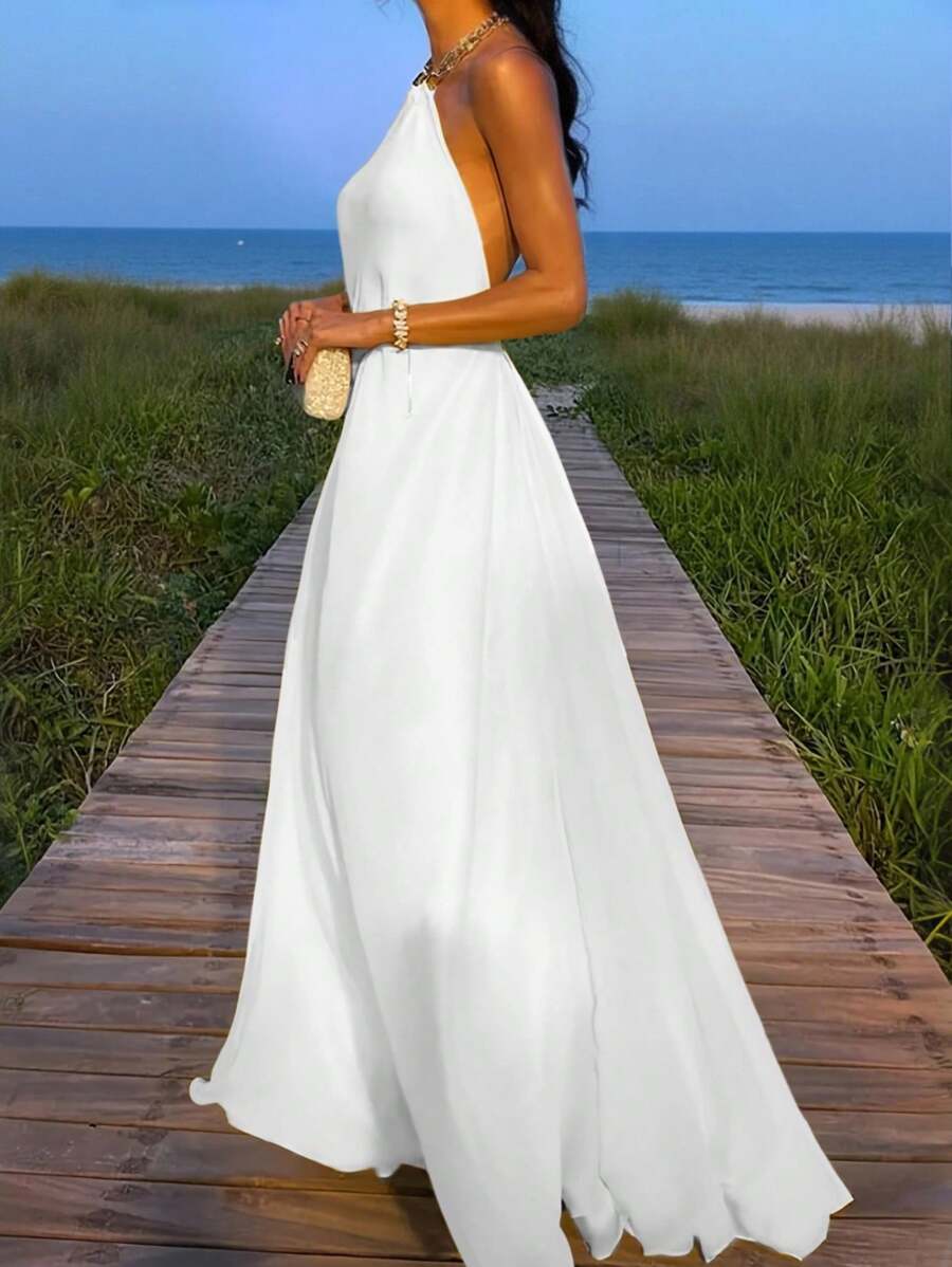 INAWLY 女士时尚休闲优雅性感浪漫露背吊带无袖度假连衣裙 - 白色 - 查看 1