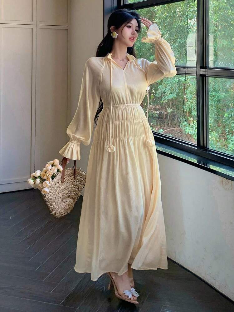 Women's Elegant Long Sleeve Dress With Drawstring, Ruffle Hem Splice, Cinched Waist, Suitable For Casual, Holiday, Wedding Events, Spring/Summer/Autumn