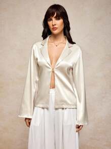 House of One Solid Color Satin Long Sleeve Shirt Top With Front Buckle Women Summer Casual Elegant Top Fall Women Clothes Office Outfits Old Money For Women White Blazer Women Fall Outfits Business Professional Women Business Casual Woman
