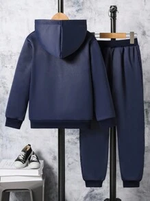 SHEIN Vacaura 2pcs/Set Tween Boy Warm Thick Pullover Hoodie & Pants Set With Pocket, Printed Design, Autumn/Winter Fall - Navy Blue - View 2