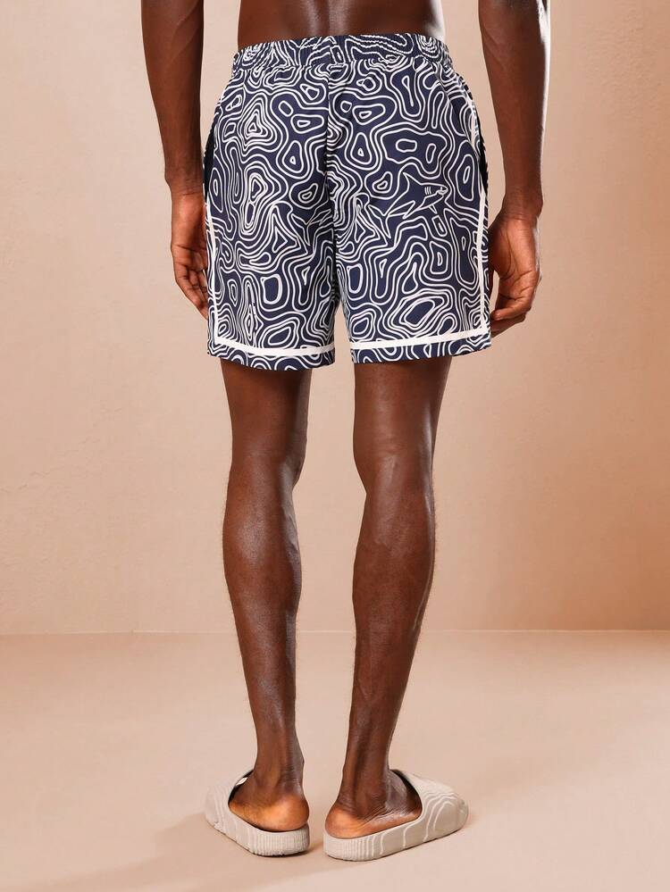 SUMWON Topographic Print Swimming Trunks Board Shorts Mid Thigh Length Beach Vacation Pool Shorts Drawstring Waist Summer Swim Shorts - Blue and White - View 4