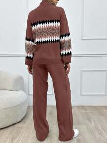 SHEIN Tall Women's Geometric Pattern High Neck Sweater 2pcs/Set, Tall Women - Rusty Rose - View 2