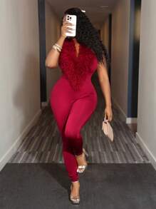 BamGleam Christmas Rave Party  Women's Solid Color Furry Turtleneck Bodycon Jumpsuit - Burgundy - View 4