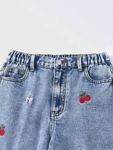 SHEIN Denimly 女童学院风户外风格松紧腰拉链开合可爱刺绣设计牛仔裤，时尚休闲通勤必备单品 - 中等水洗藍 - 查看 3